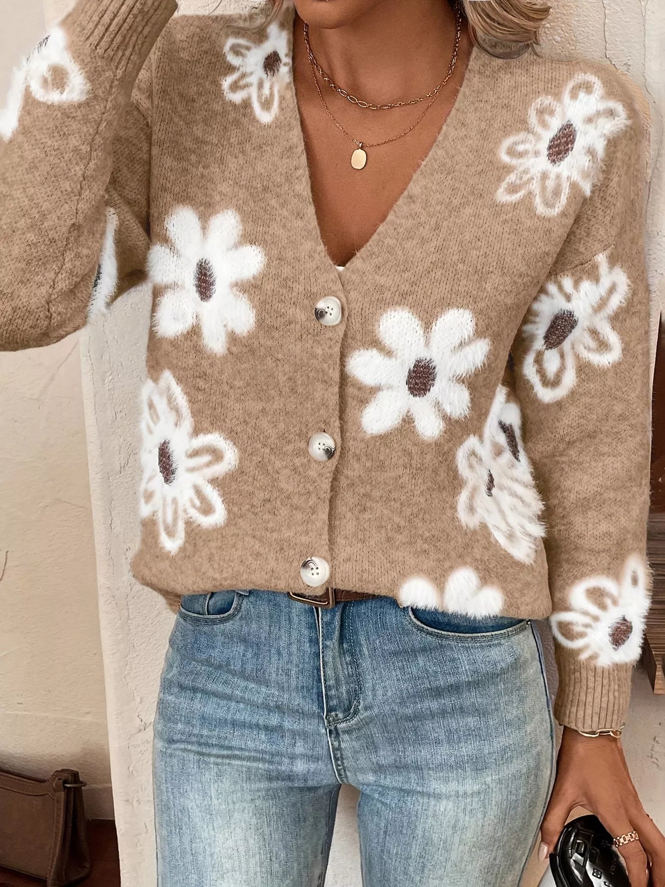 Floral Print Button-Up Knit Cardigan nicholesgifts