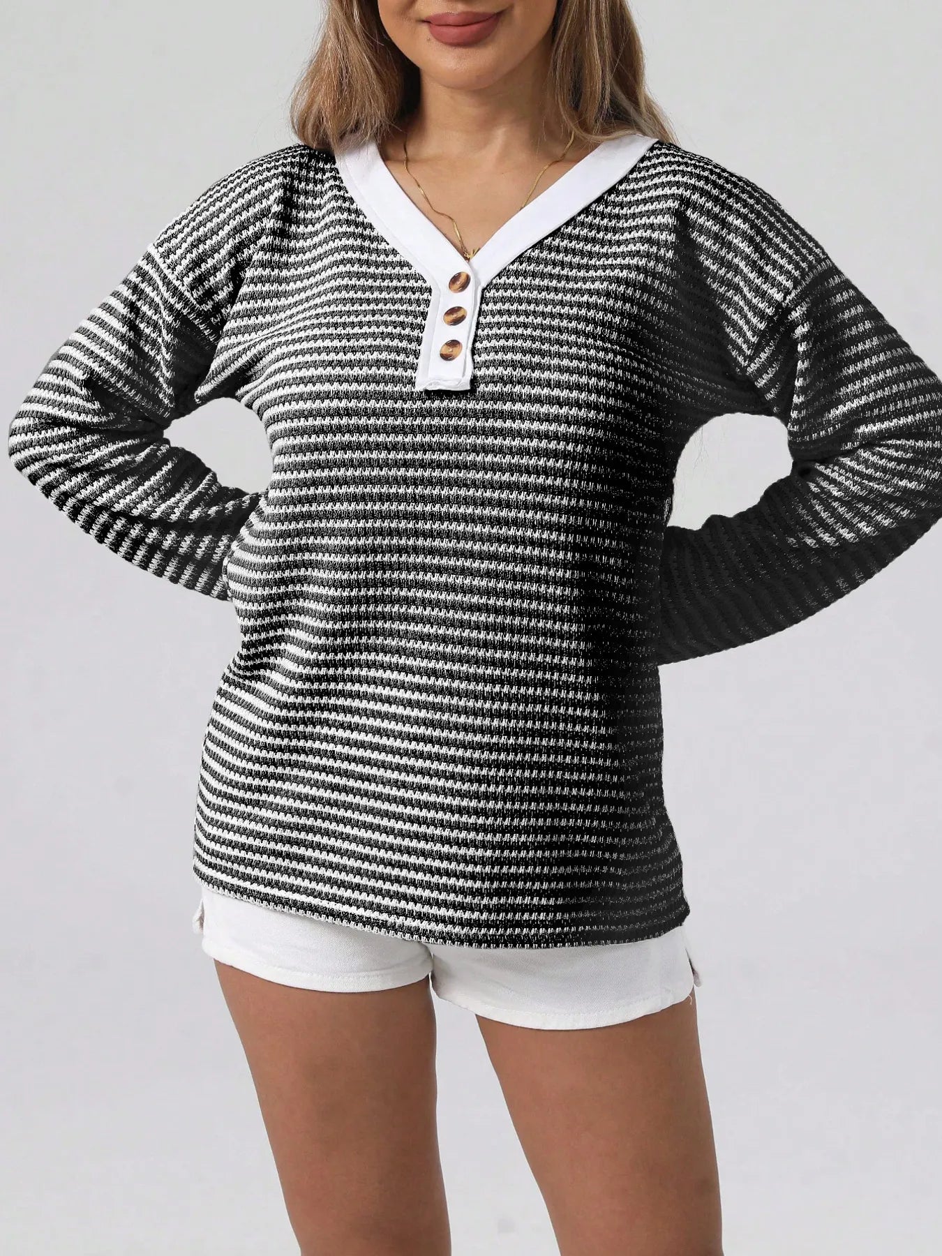 Striped Button Detail Long Sleeve Top