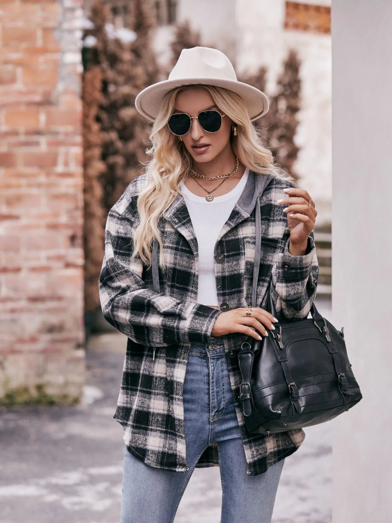 Oversized Plaid Button Up Shacket Trendsi