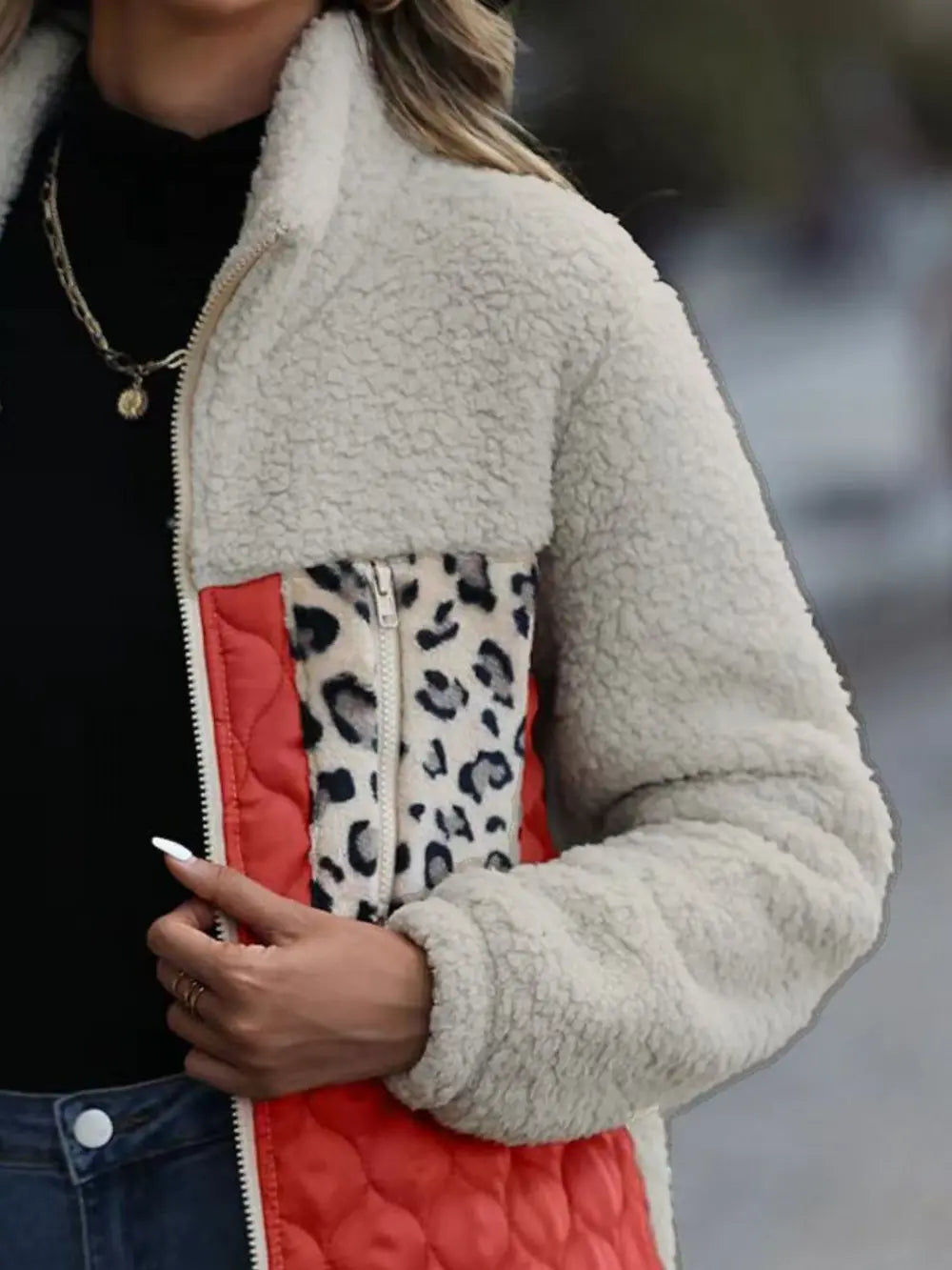 Leopard Color Block Zip-Up Jacket nicholesgifts