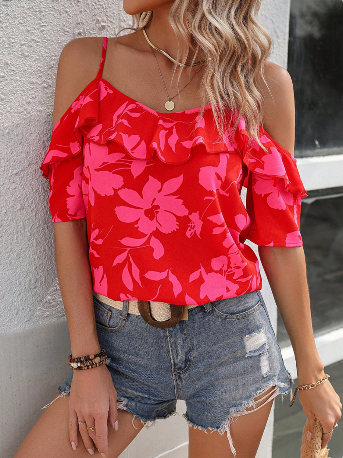 Ruffled Printed Short Sleeve Blouse nicholesgifts