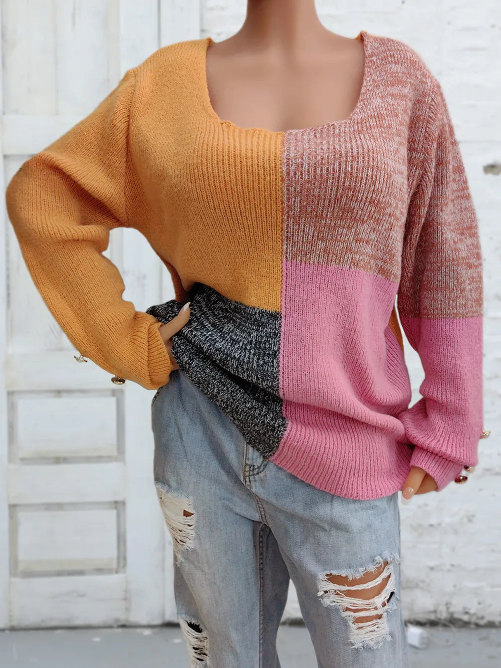 Color Block Decorative Button Long Sleeve Sweater Trendsi