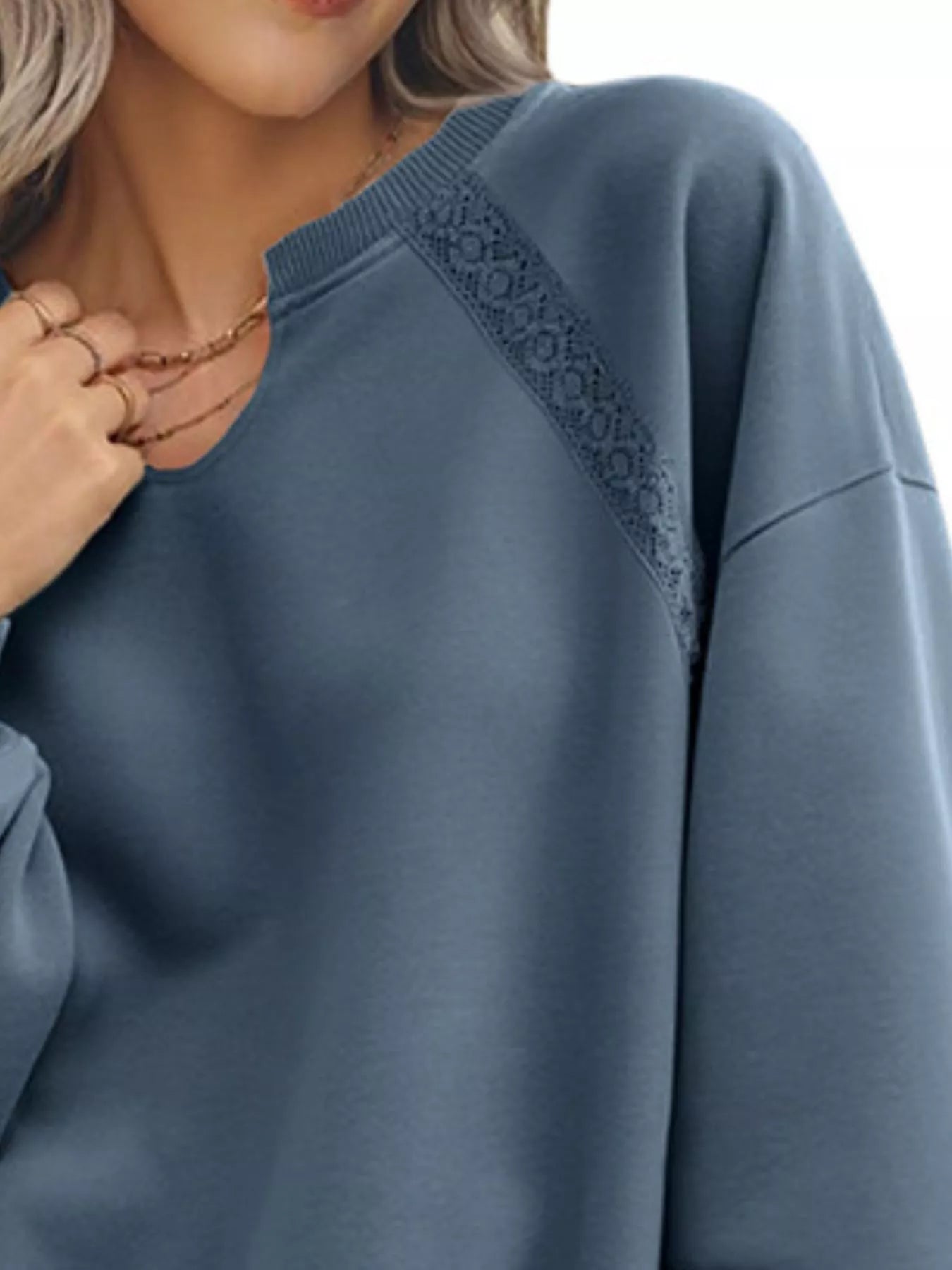 Lace Detail Notched Long Sleeve Sweatshirt Trendsi