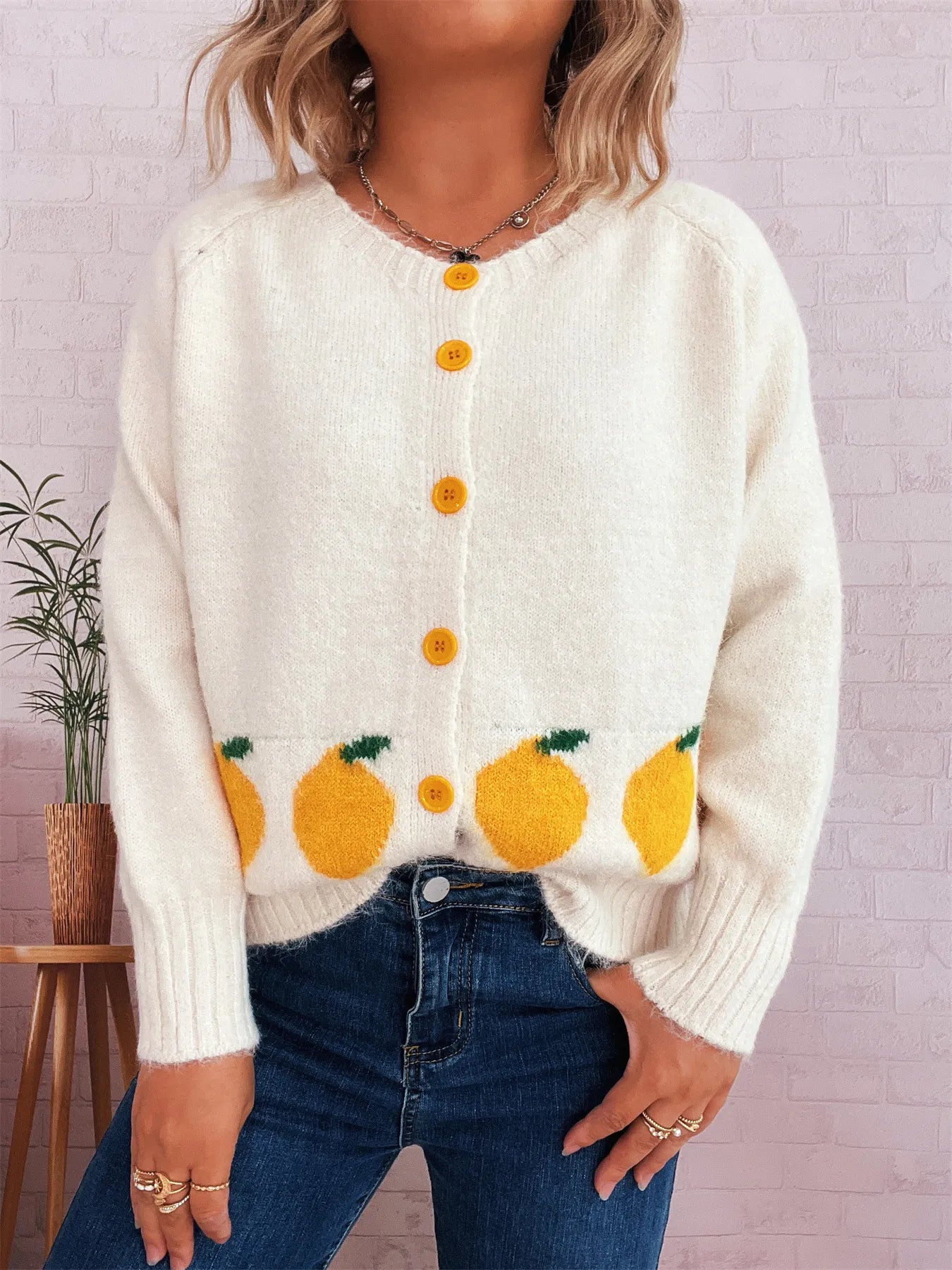 Lemon Pattern Button-Up Cardigan