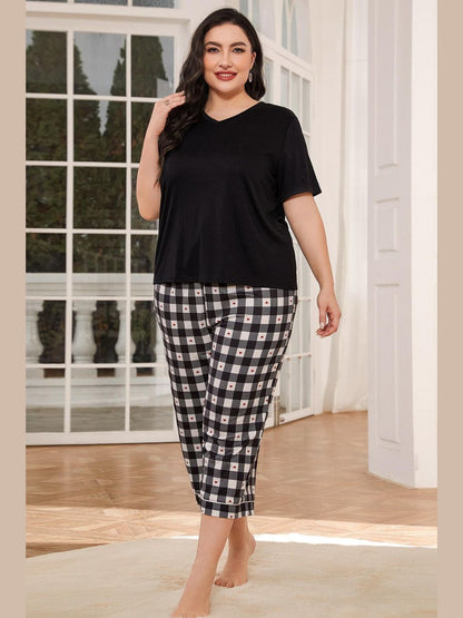 V-Neck Tee and Plaid Cropped Pants Lounge Set nicholesgifts