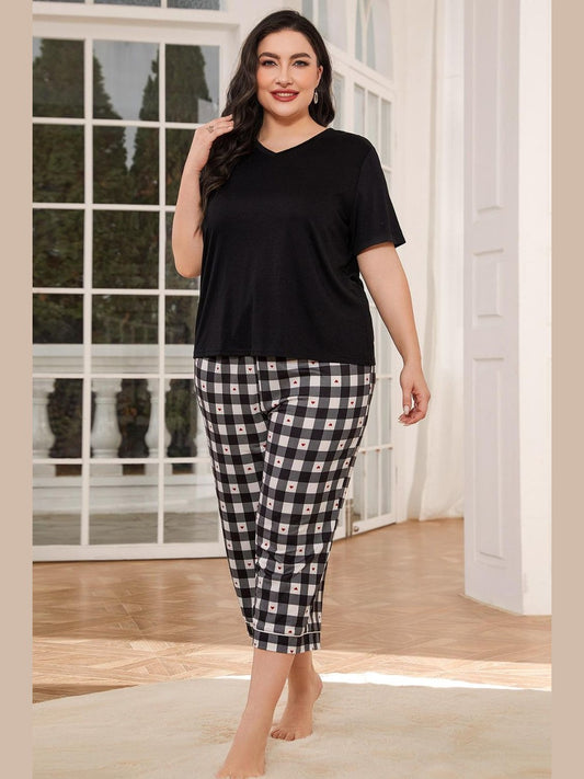 V-Neck Tee and Plaid Cropped Pants Lounge Set nicholesgifts