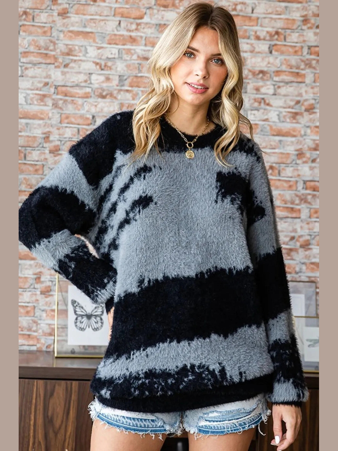 First Love Full Size Abstract Pattern Contrast Feather Yarn Sweater Trendsi