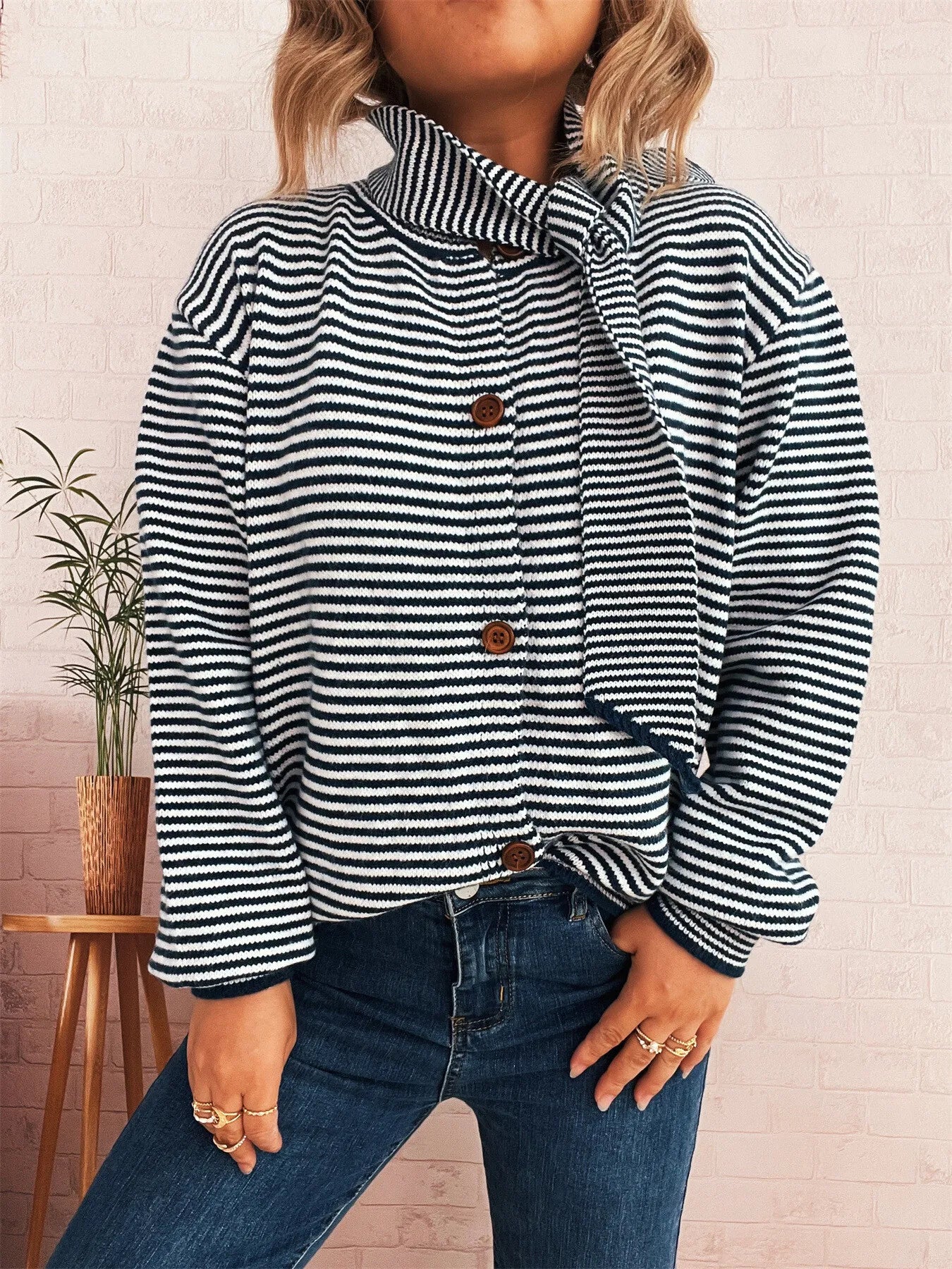Striped Button Up Long Sleeve Cardigan NicholesGifts