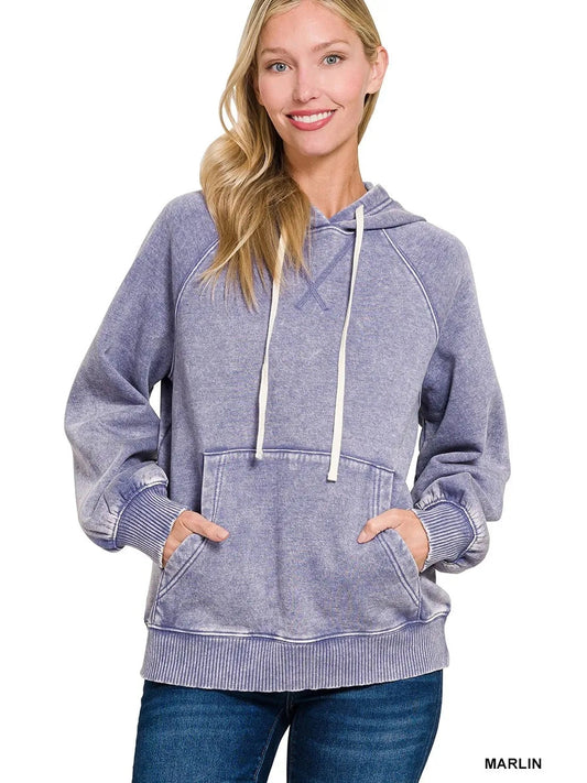 Zenana Acid Wash Fleece Hoodie with Kangaroo Pocket