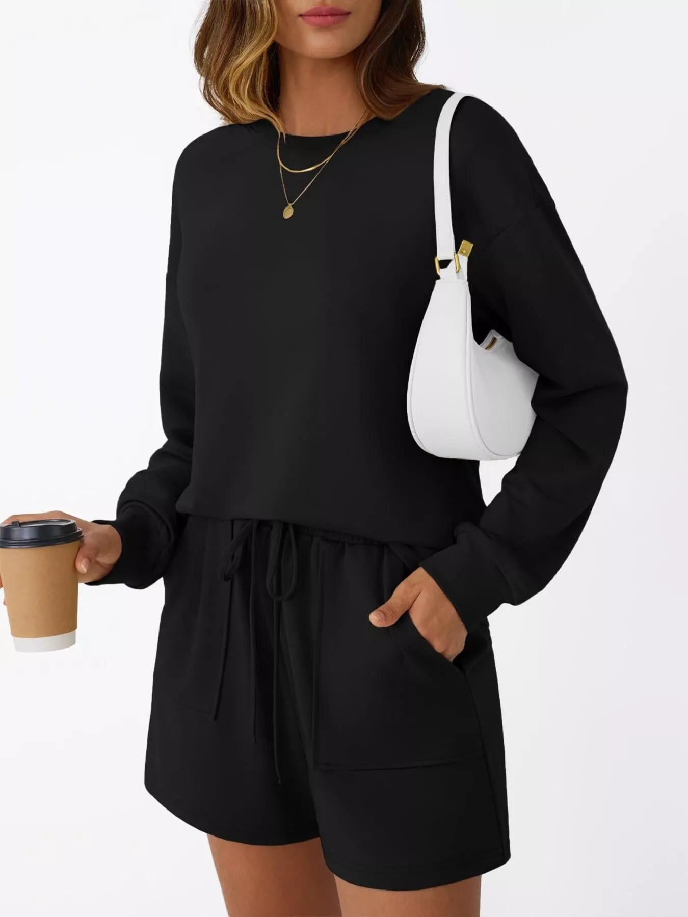 Round Neck Long Sleeve Top and Shorts Set Trendsi