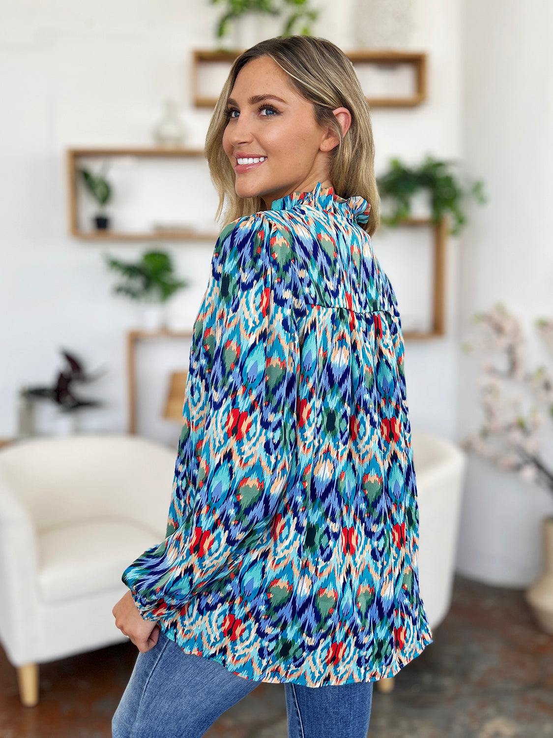 Women Double Take Full Size Printed Balloon Sleeve Blouse nicholesgifts