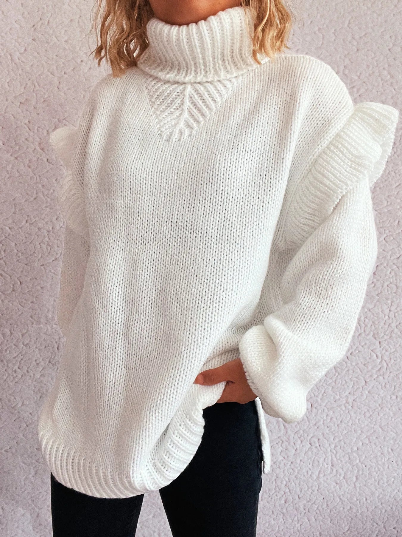 Women Ruffled Turtleneck Long Sleeve Sweater