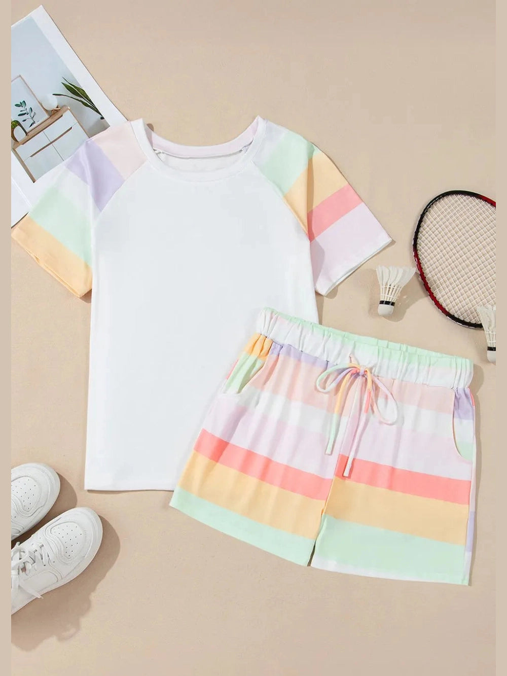Rainbow Striped Round Neck T Shirt and Shorts Lounge Set nicholesgifts