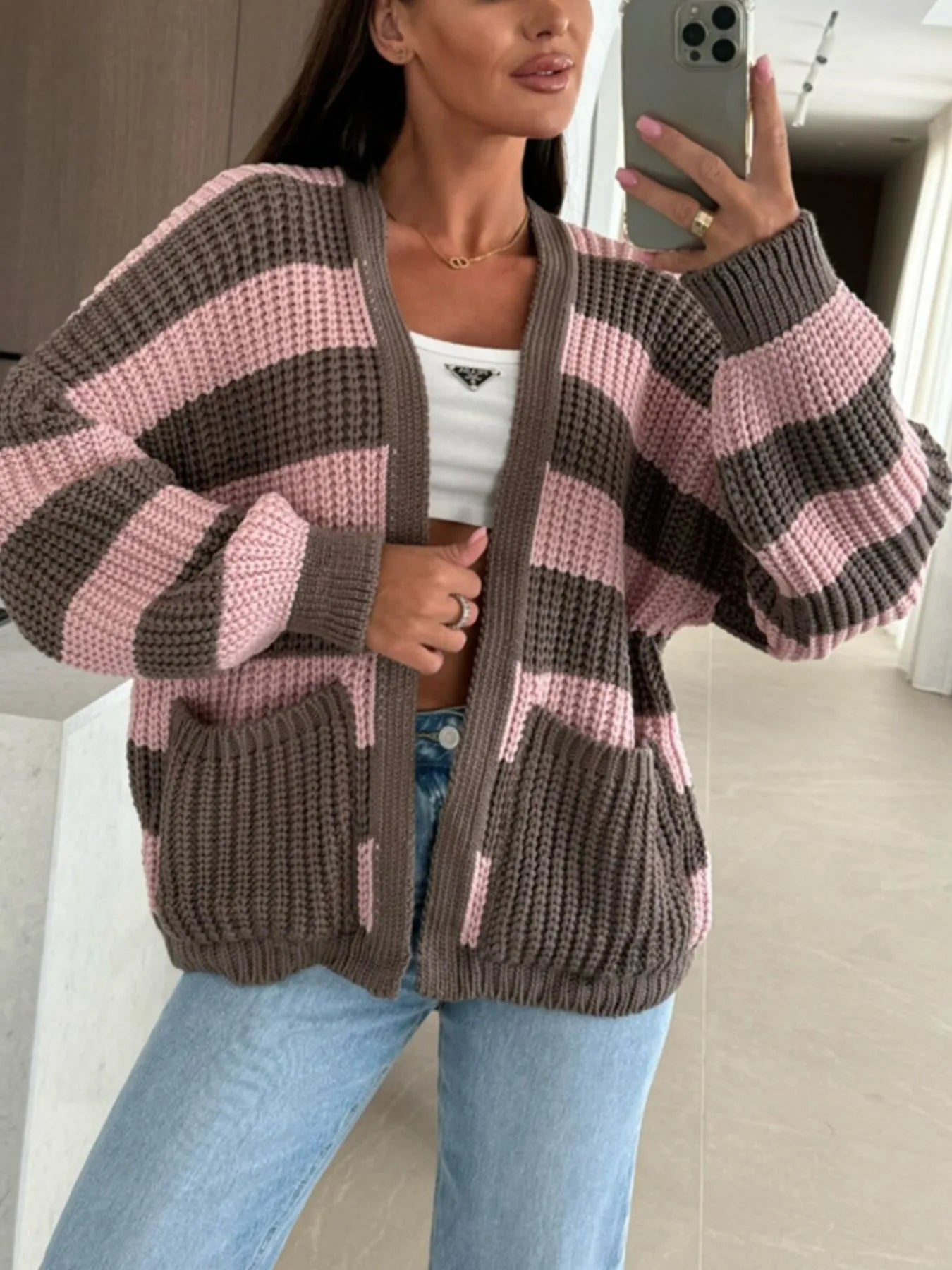 Striped Open Front Long Sleeve Cardigan Trendsi