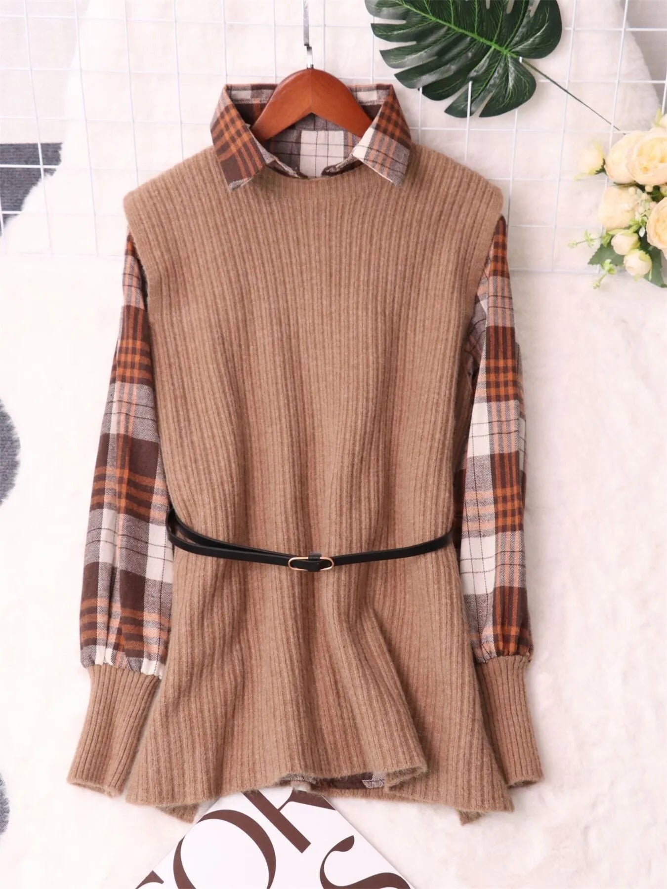 Plaid Long Sleeve Sweater Dress