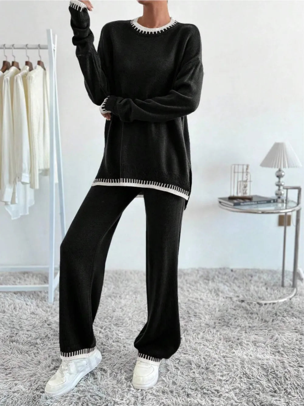 Side Slit Contrast Trim Round Neck Top and Pants Sweater Set nicholesgifts