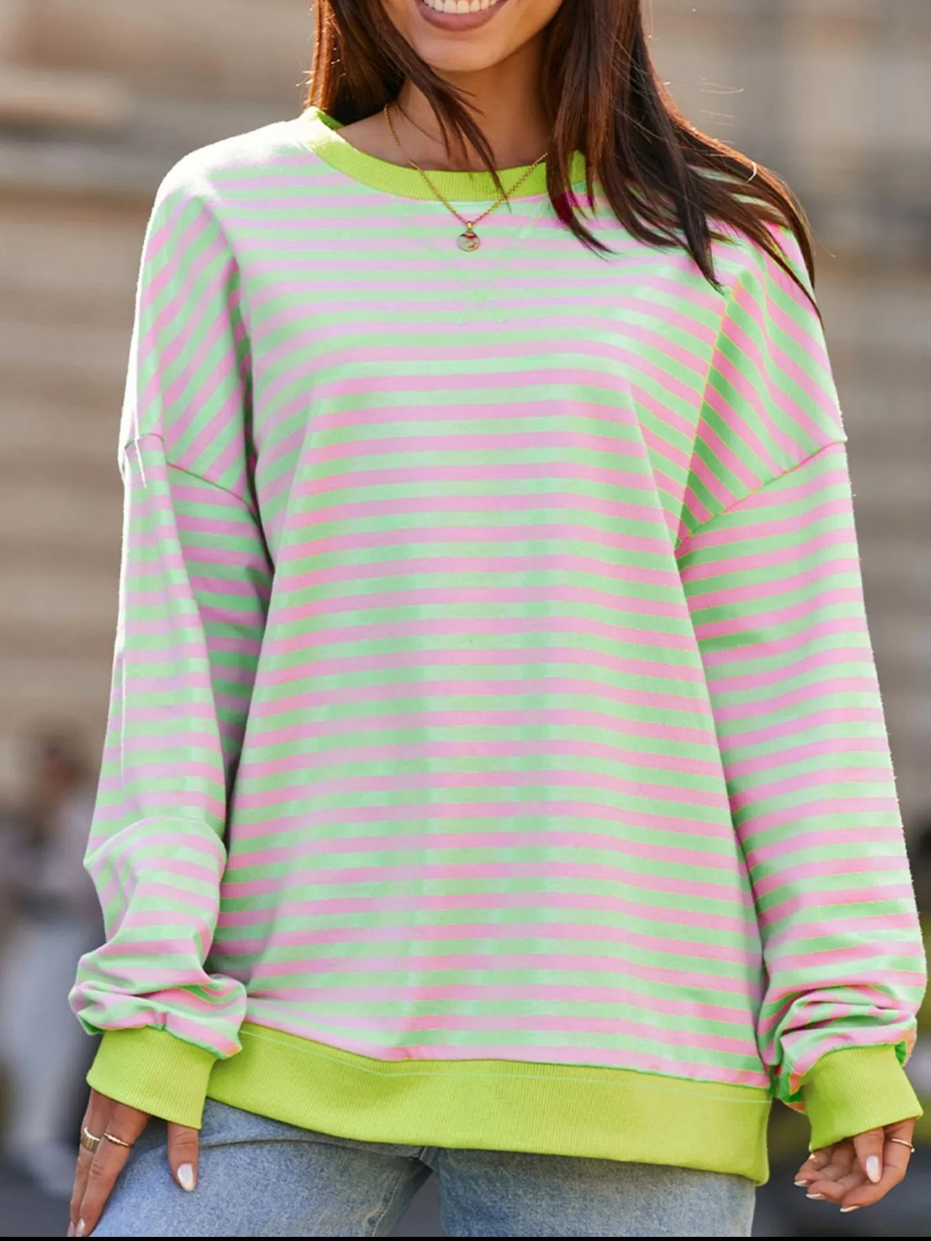 Striped Contrast Ribbed Trim Drop Shoulder Sweatshirt