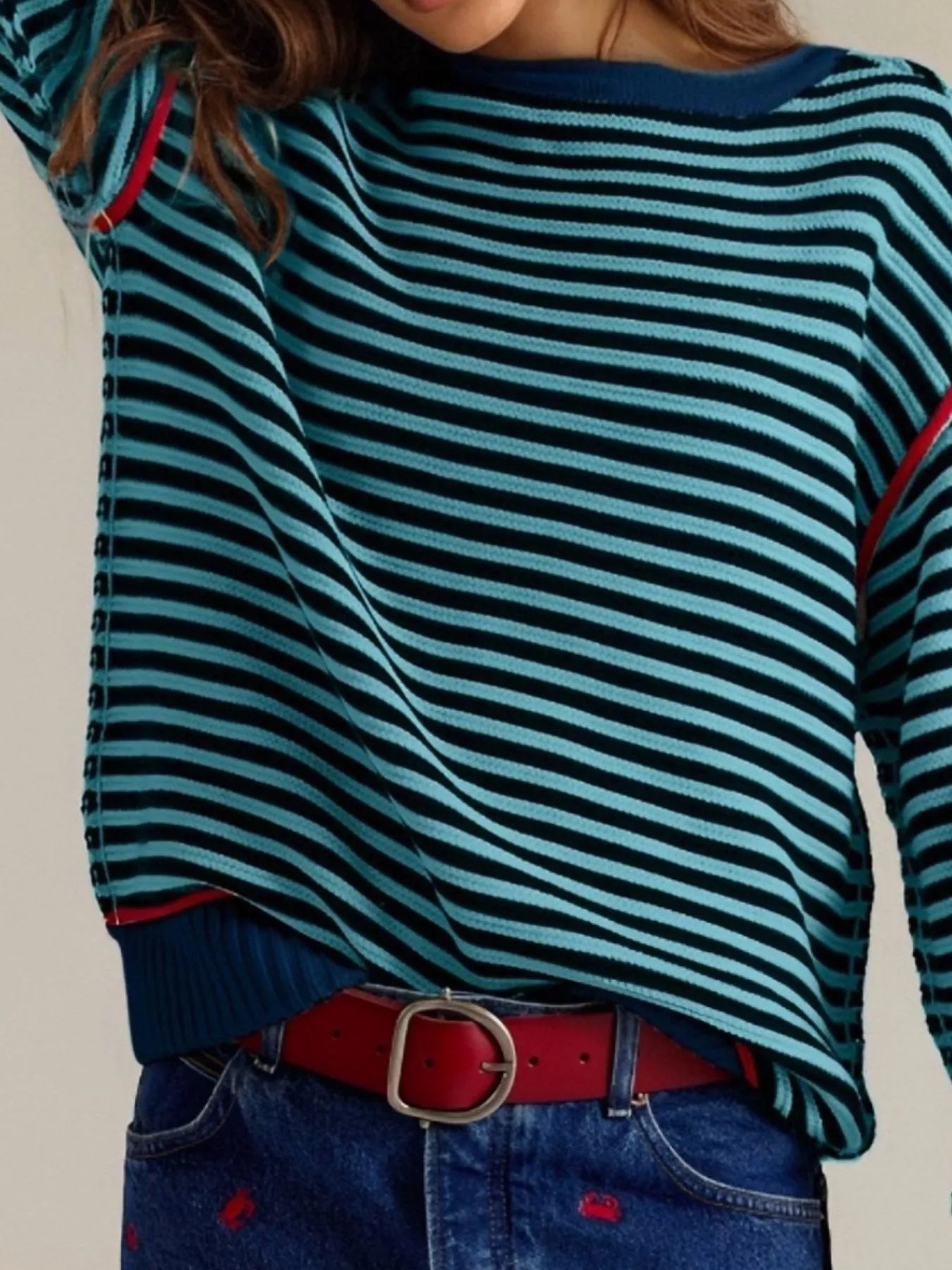 Striped Round Neck Long Sleeve Sweater Trendsi