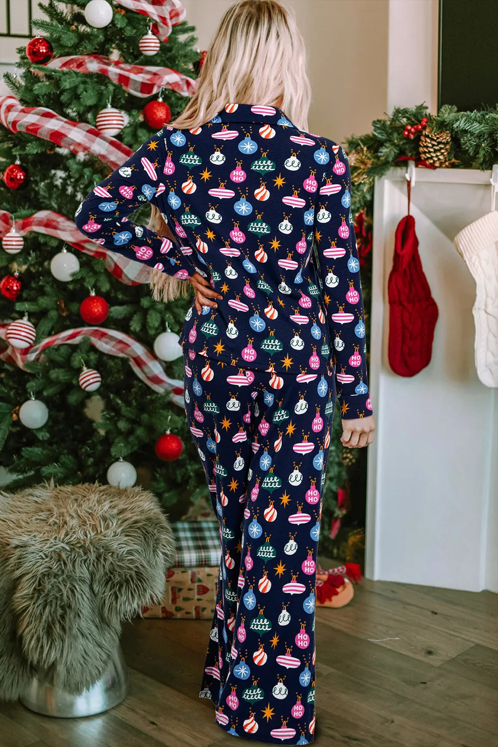 Christmas Lights Print Collared Neck Top and Pants Set Trendsi