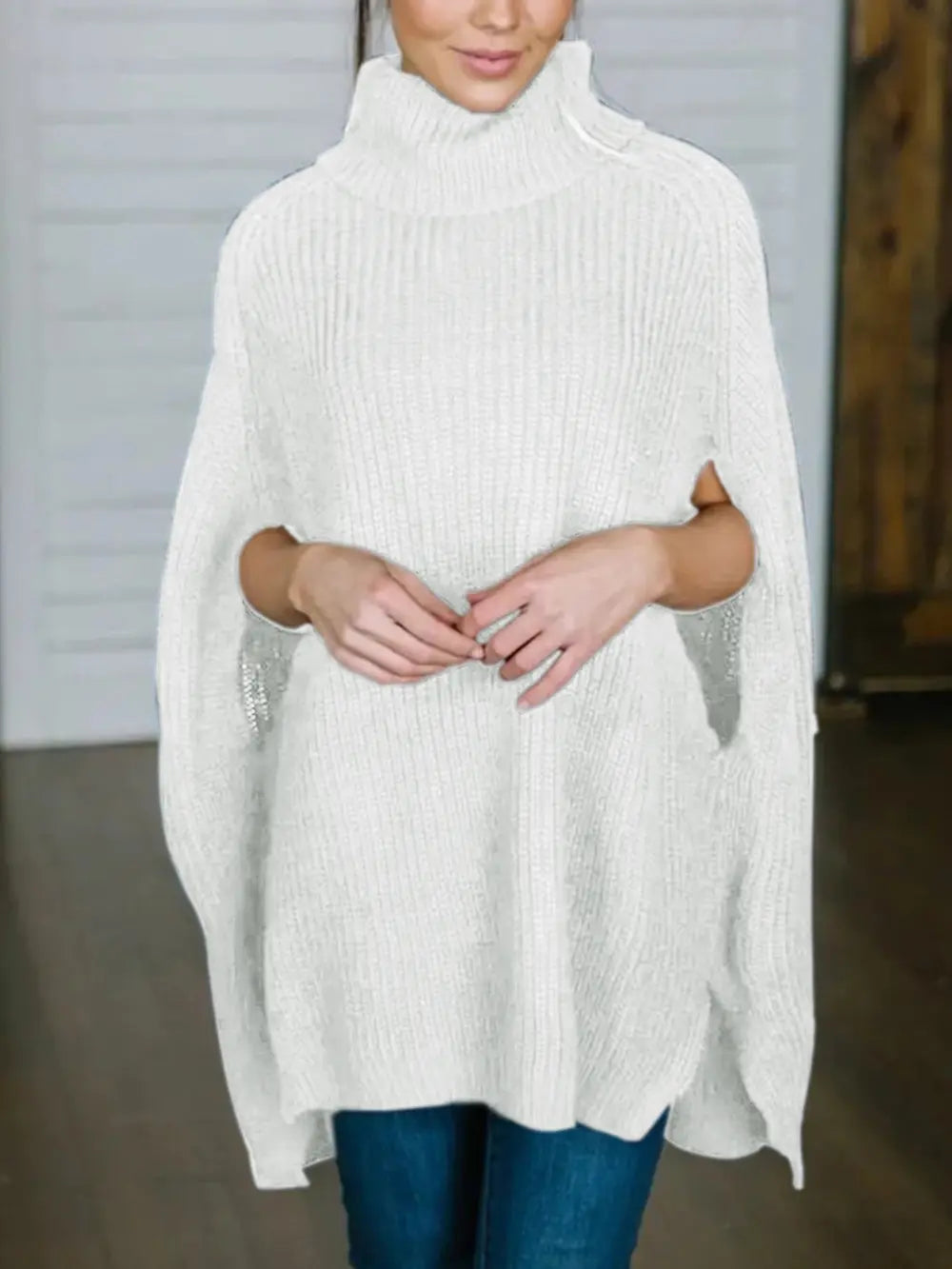 Turtleneck Slit Sweater Trendsi