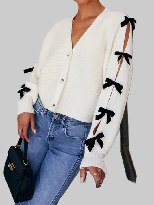 Women Bow V-Neck Cutout Sleeve Cardigan Sweater nicholesgifts