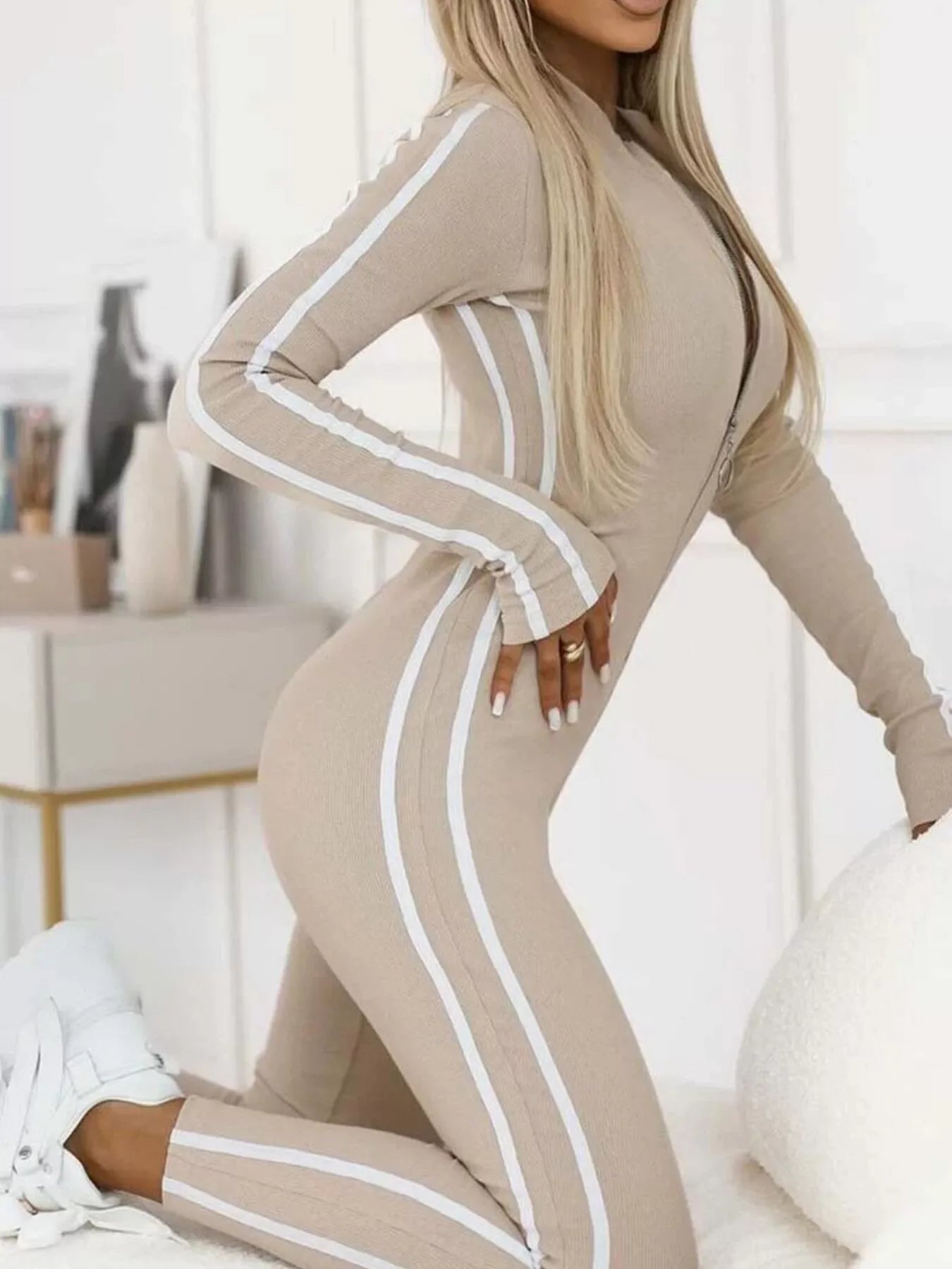 Full Size Stripe Zip-Front Long Sleeve Jumpsuit Plus Size nicholesgifts
