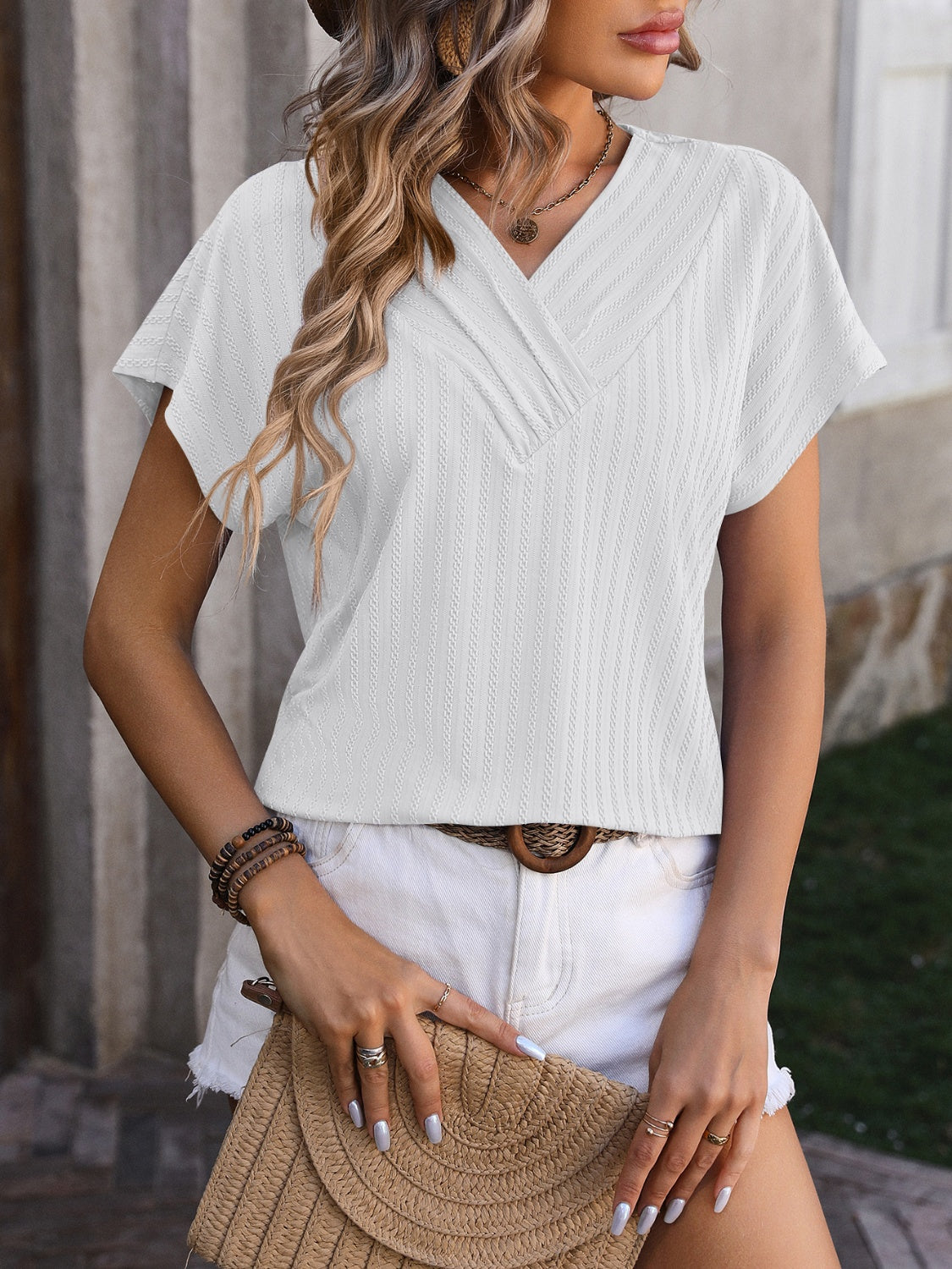 Textured Surplice Short Sleeve Blouse nicholesgifts