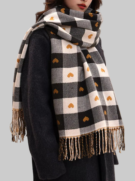 Women Heart Pattern Plaid Tassel Scarf For Valentine's Day Gift For Her nicholesgifts