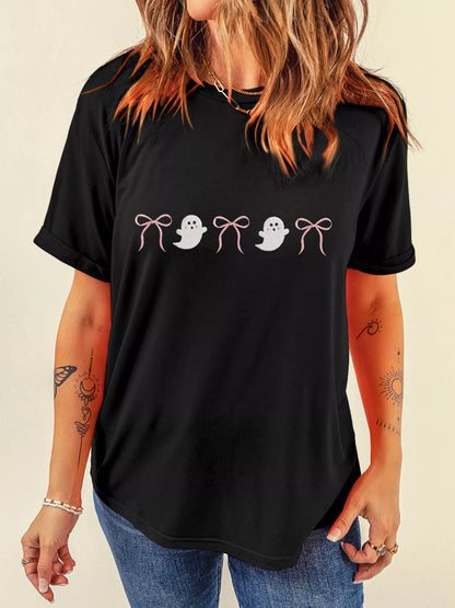 Women Halloween Ghost Bow Graphic Short Sleeve T-Shirt nicholesgifts