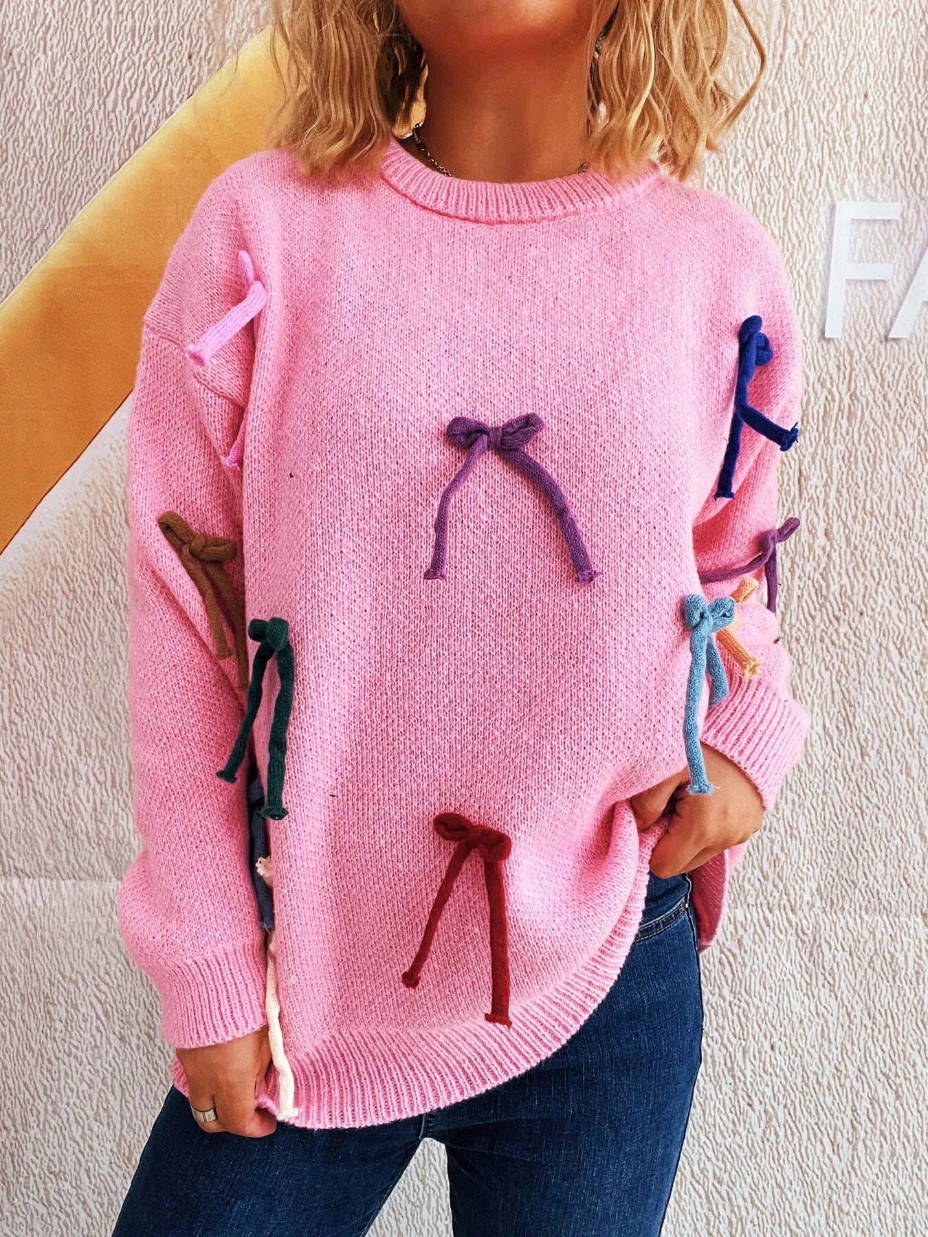 Colorful Bow Round Neck Sweater