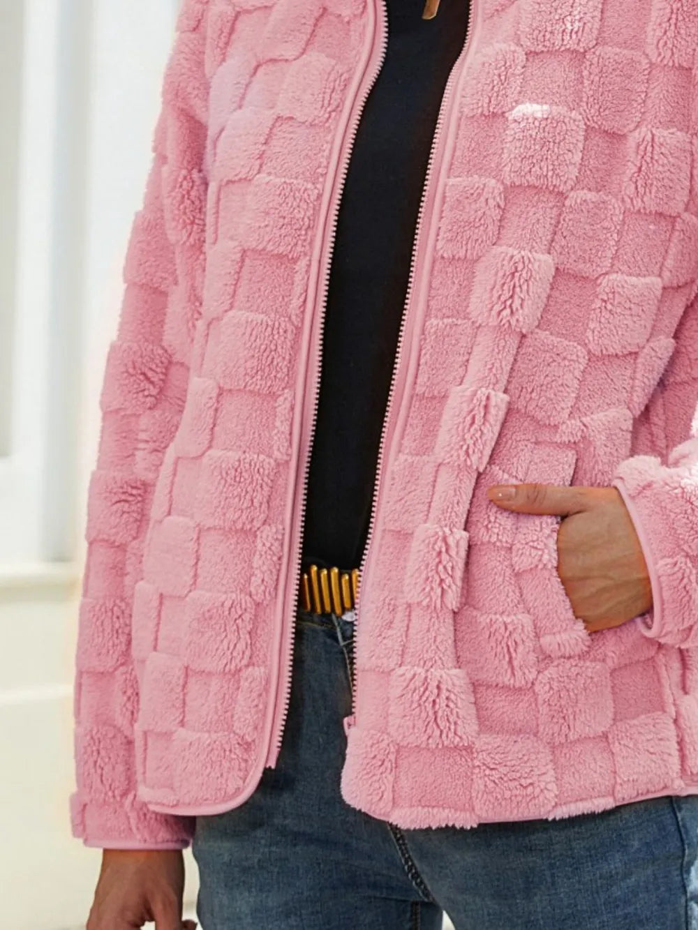 Fuzzy Checkered Zip Up Jacket nicholesgifts