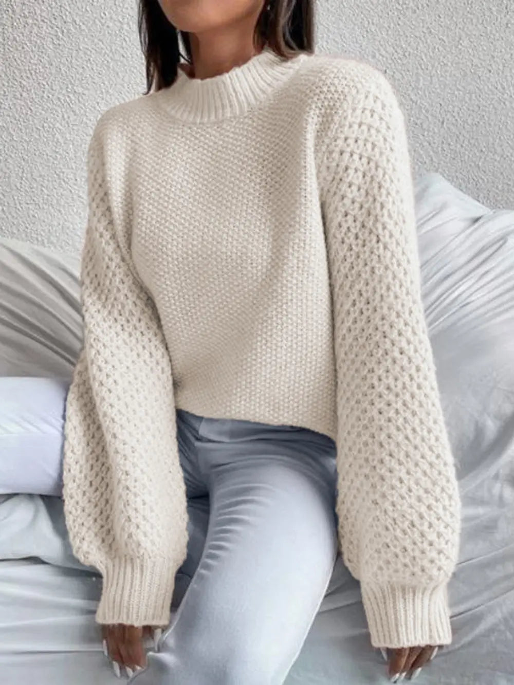 Openwork Mock Neck Long Sleeve Sweater Trendsi
