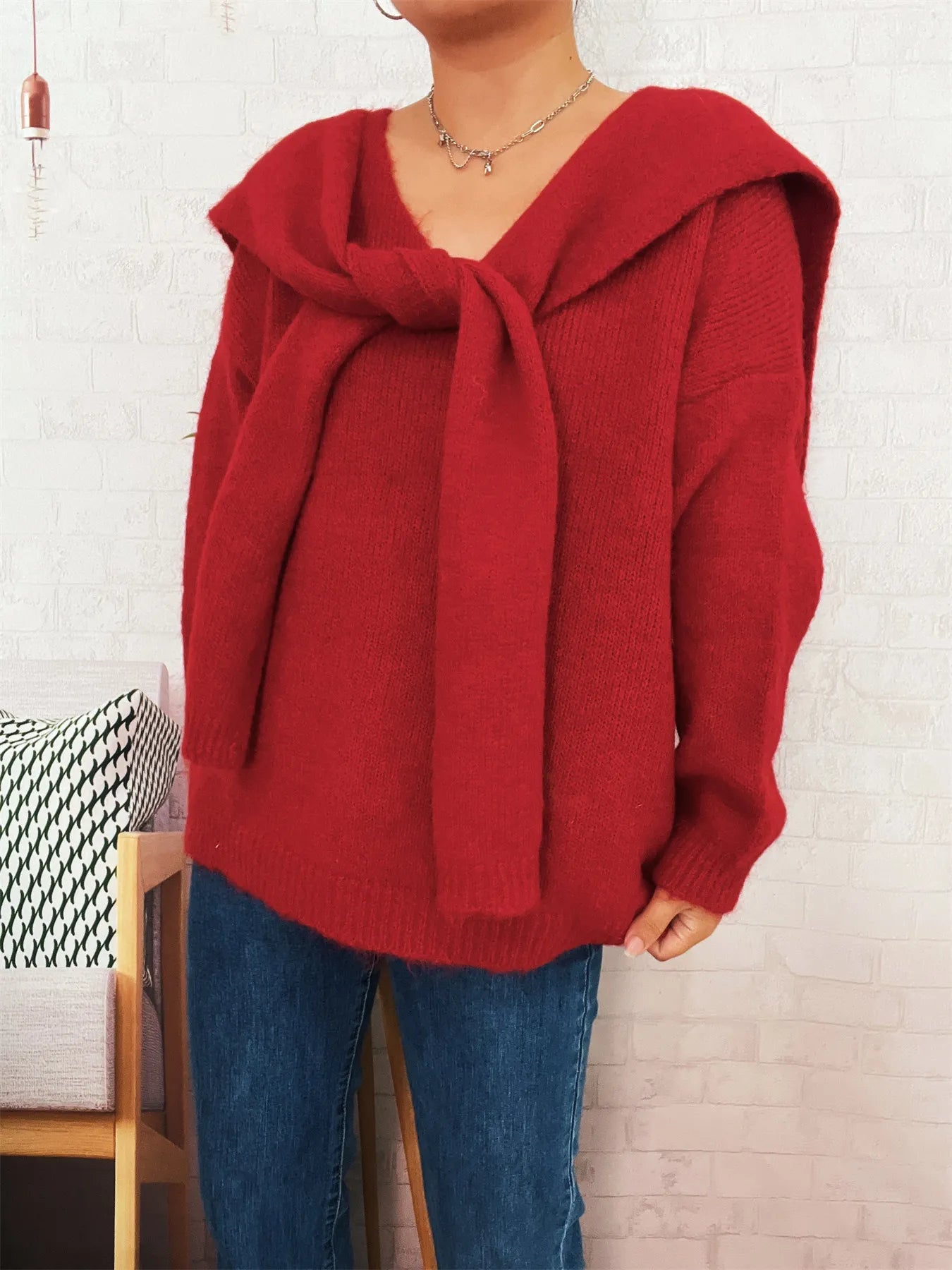 Ribbed Hem V-Neck Sweater with Shawl Trendsi