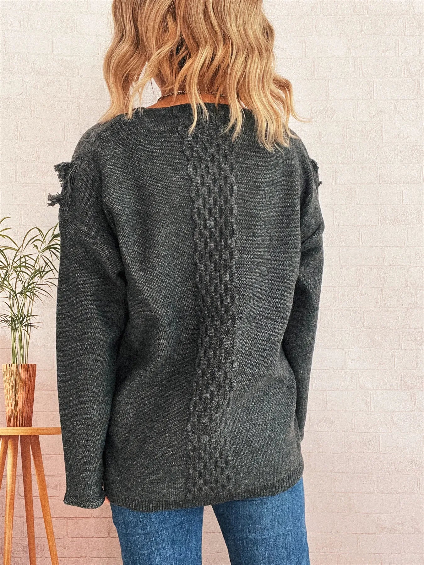 Raw Hem Lace Up Front Sweater Trendsi