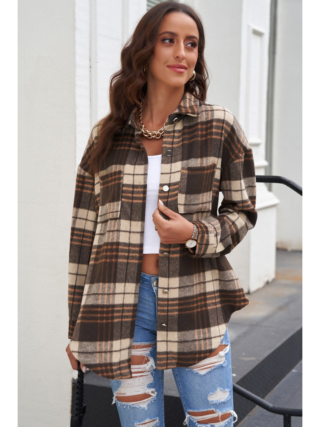 Plaid Curved Hem Dropped Shoulder Longline Shirt Jacket nicholesgifts