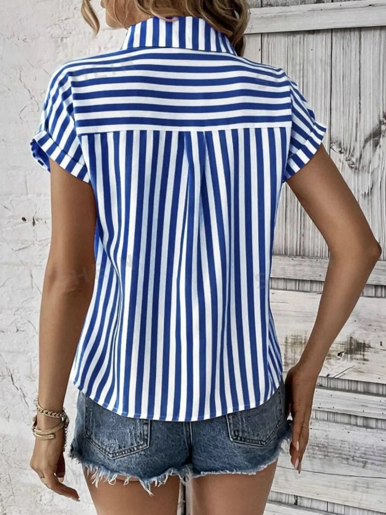 Striped Button-Up Short Sleeve Shirt with Pocket