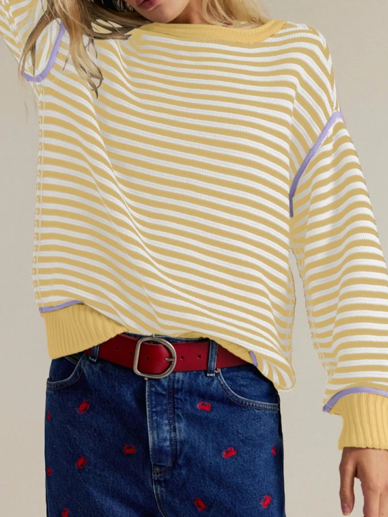 Striped Round Neck Long Sleeve Sweater Trendsi