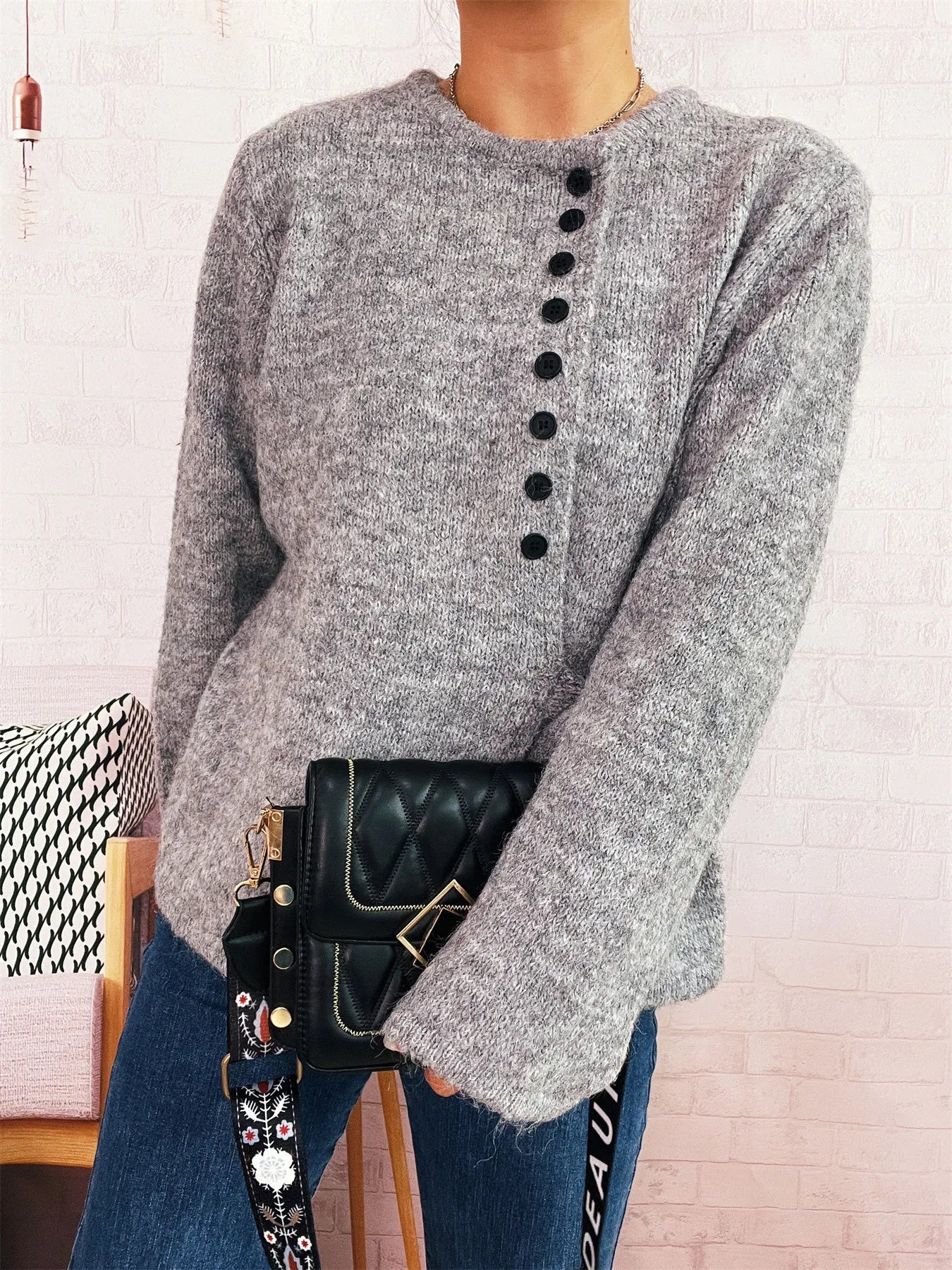 Button-Front Side-Tie Sweater