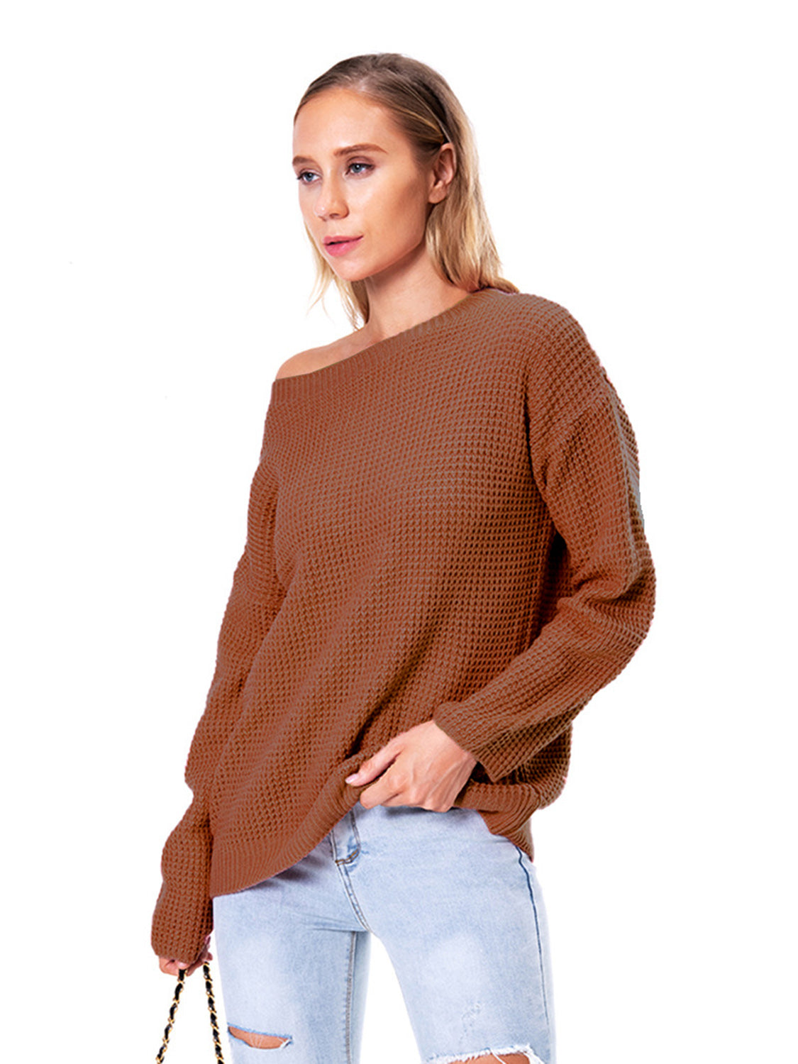 Boat Neck Drop Shoulder Long Sleeve Sweater nicholesgifts