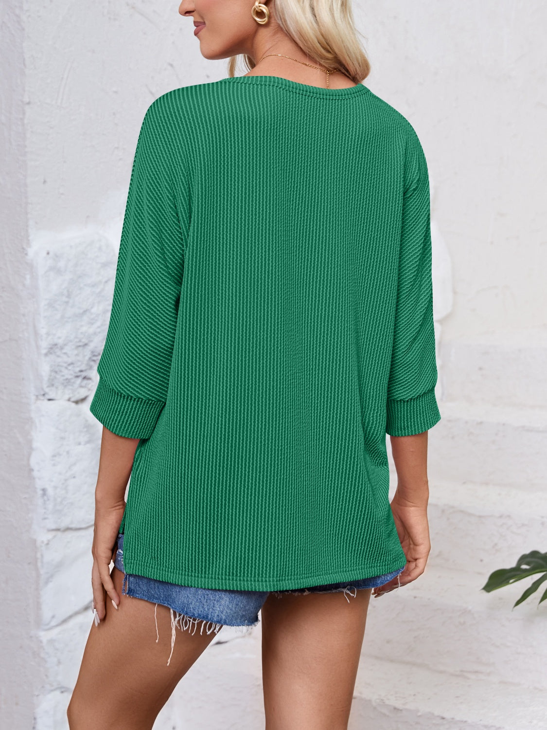 Textured Round Neck Three-Quarter Sleeve Blouse nicholesgifts