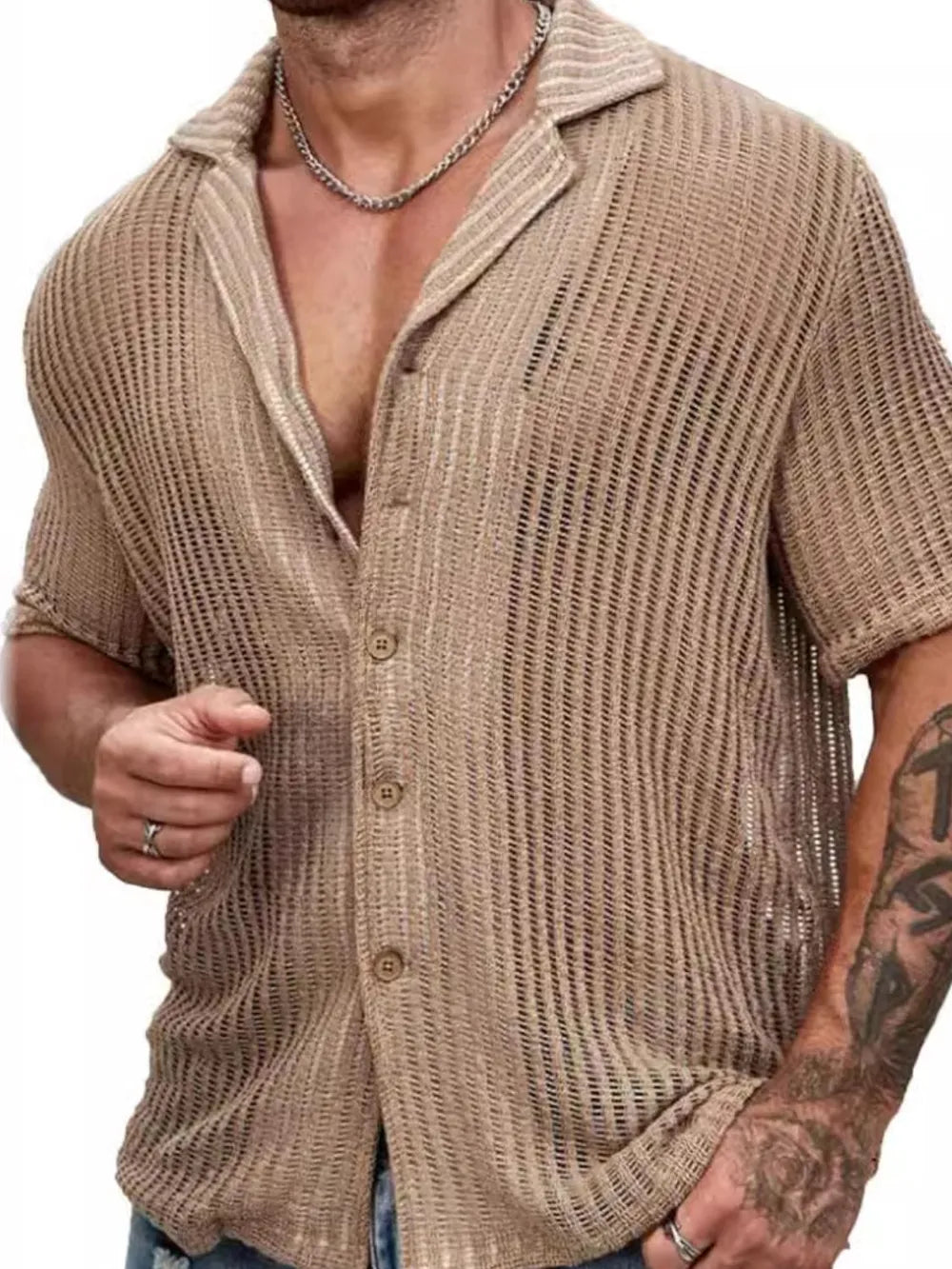 Men's Full Size Openwork Button Down Short Sleeve Shirt Plus Size NicholesGifts