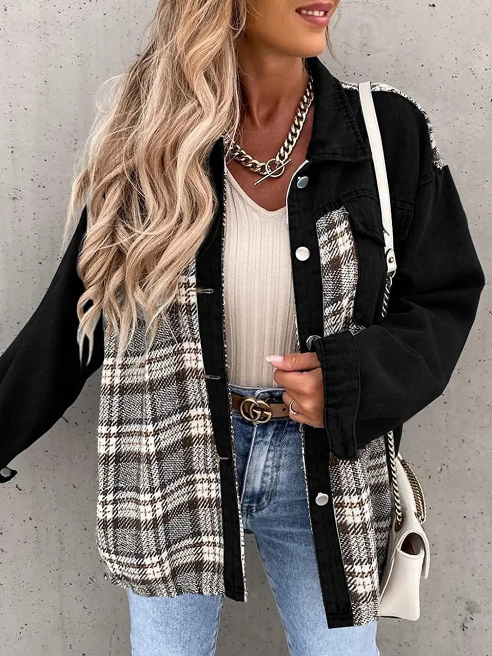 Plaid Button Up Dropped Shoulder Jacket nicholesgifts
