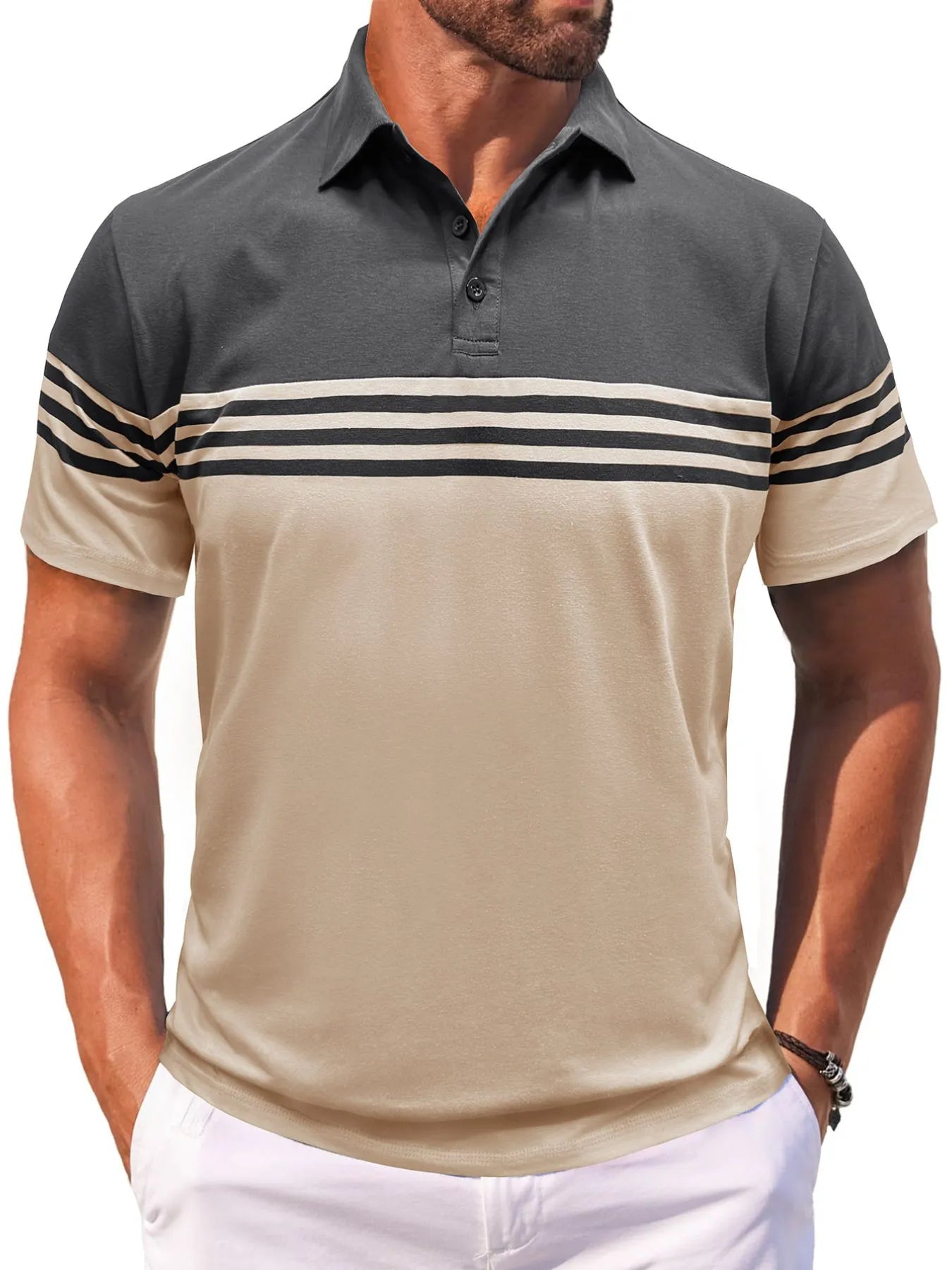Men's Full Size Color Block Striped Polo Shirt Plus Size NicholesGifts