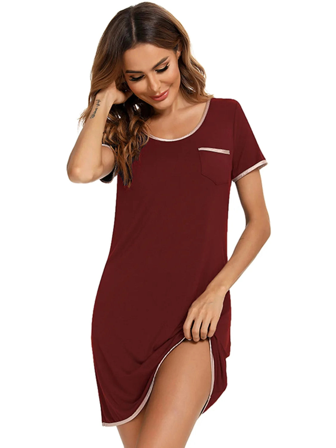 Contrast Trim Pocketed Round Neck Lounge Dress nicholesgifts