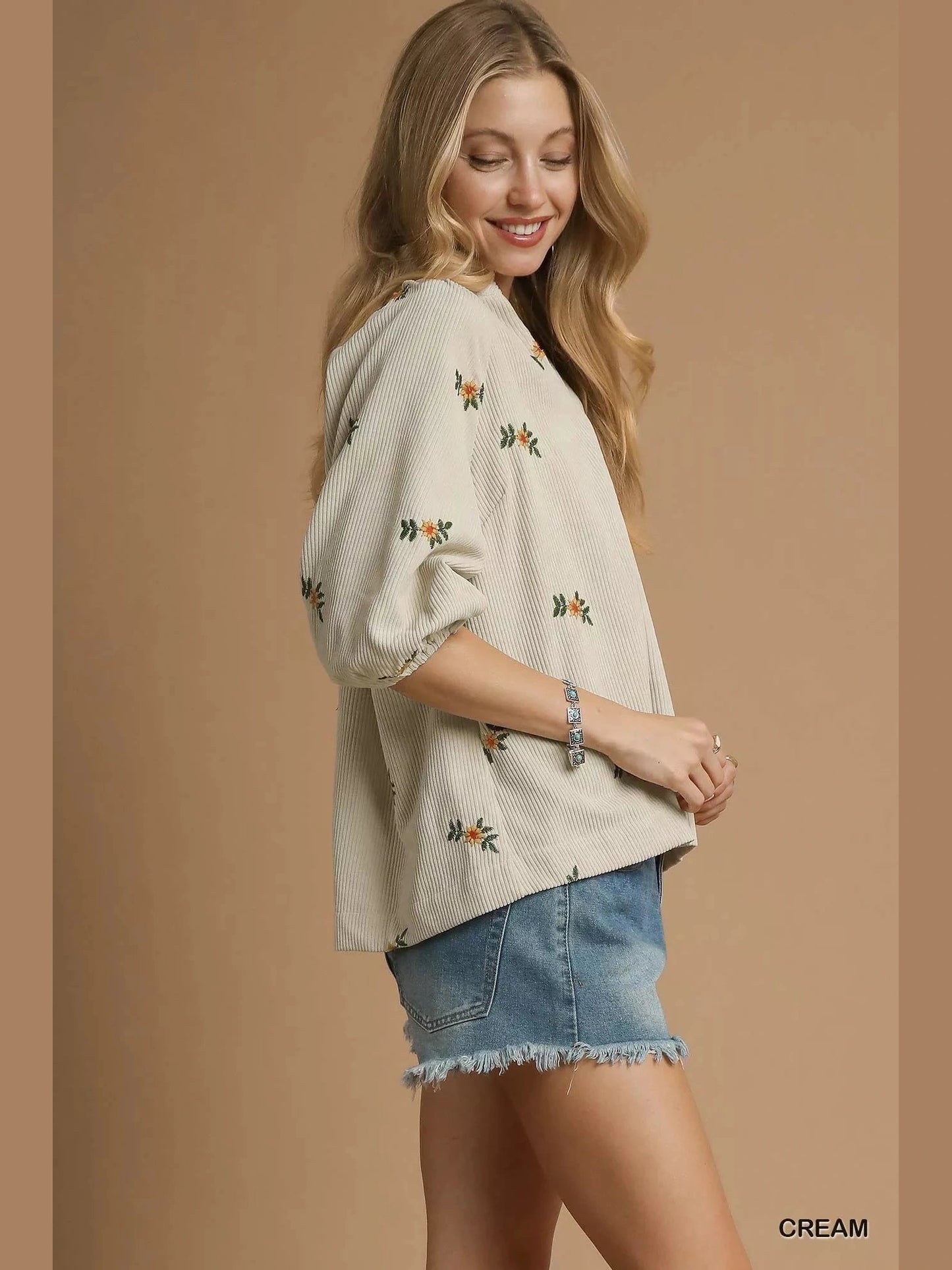 Women Umgee Corduroy Floral Embroidered Puff Long Sleeve Blouse NicholesGifts