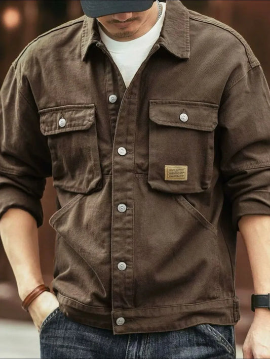 Men's Washed Collared Neck Cargo Jacket Trendsi