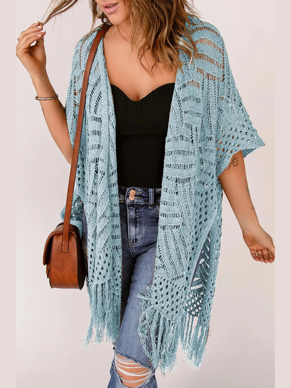 Openwork Open Front Cardigan with Fringes nicholesgifts