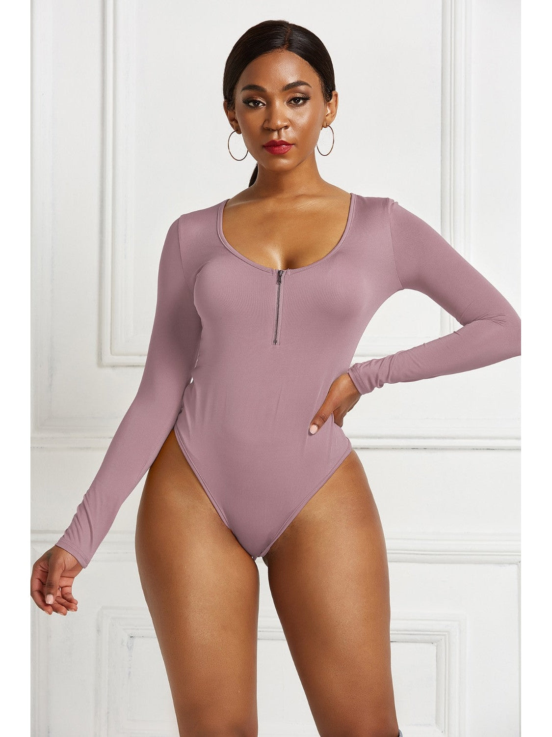 Women Half Zip Scoop Neck Long Sleeve Bodysuit nicholesgifts