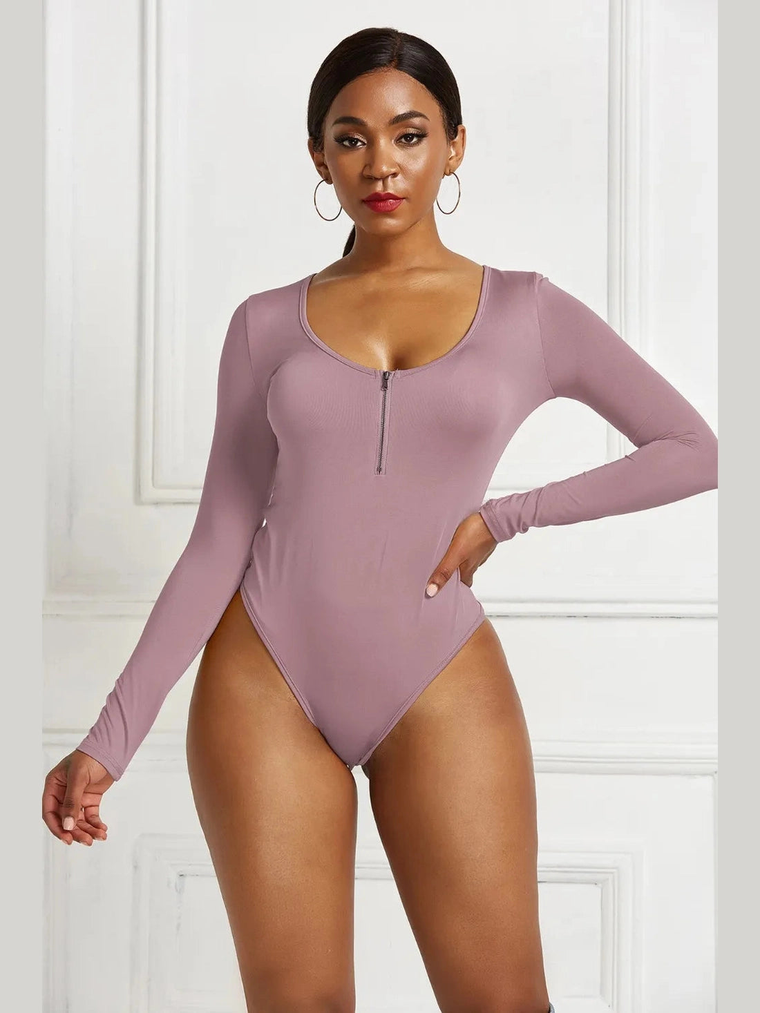 Half Zip Scoop Neck Long Sleeve Bodysuit nicholesgifts