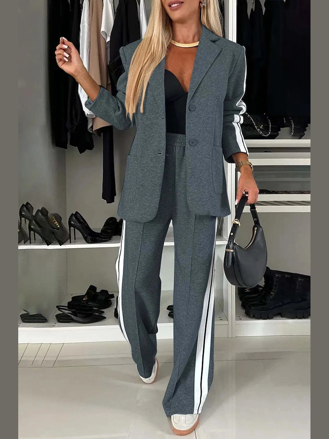 Full Size Contrast Lapel Collar Top and Pants Set nicholesgifts